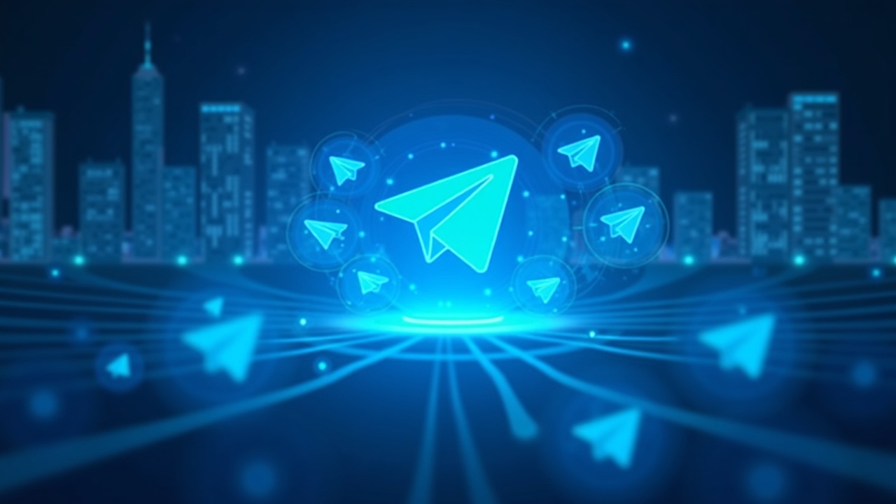 Neon Telegram-like chat hub with AI avatars and blockchain trails over a futuristic cityscape