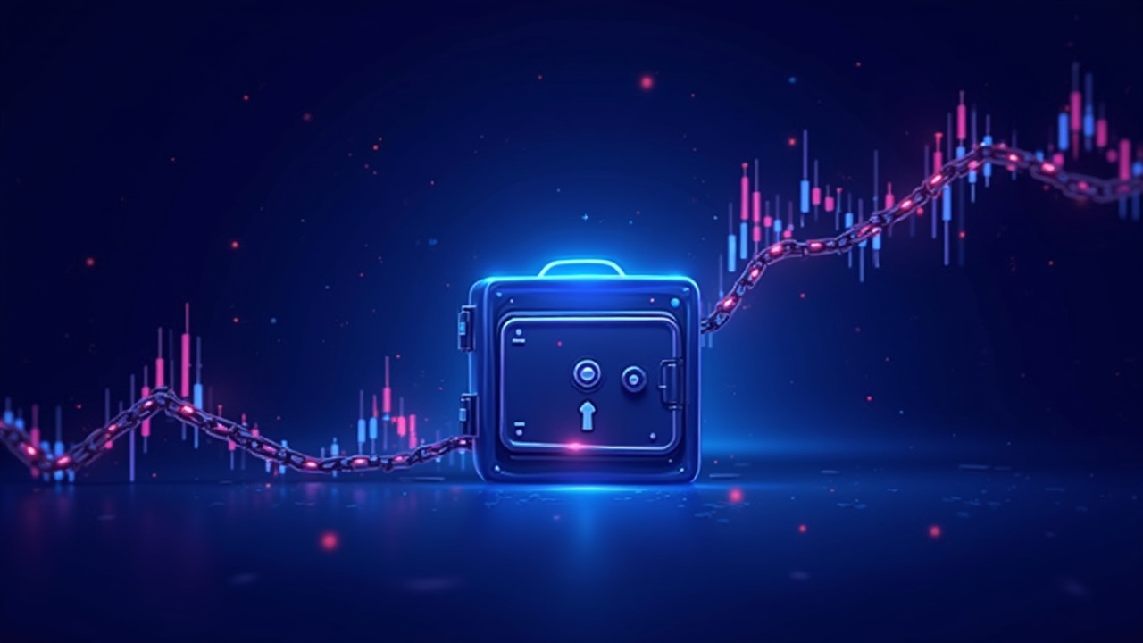 Futuristic on-chain tokenized stocks with a secure key vault and regulator silhouette under neon blue and purple lighting.