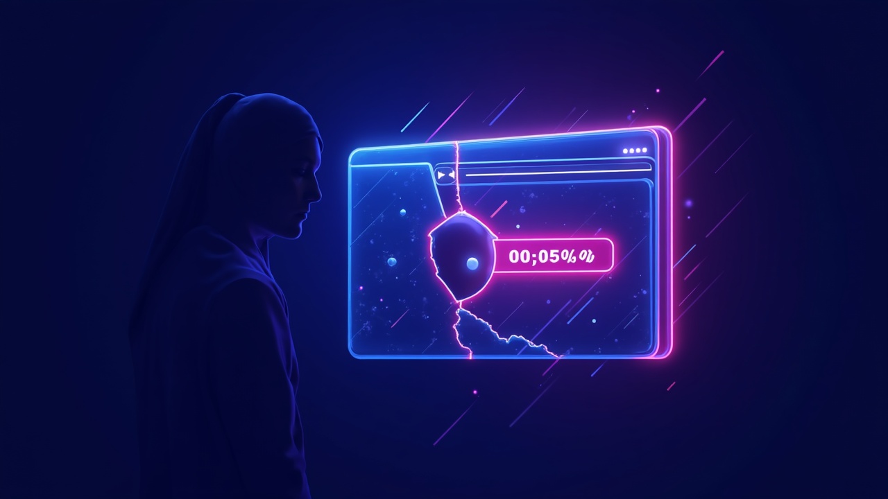Neon-lit wallet silhouette with a cracked seal revealing streaming code and a shadowy insider behind a browser window.