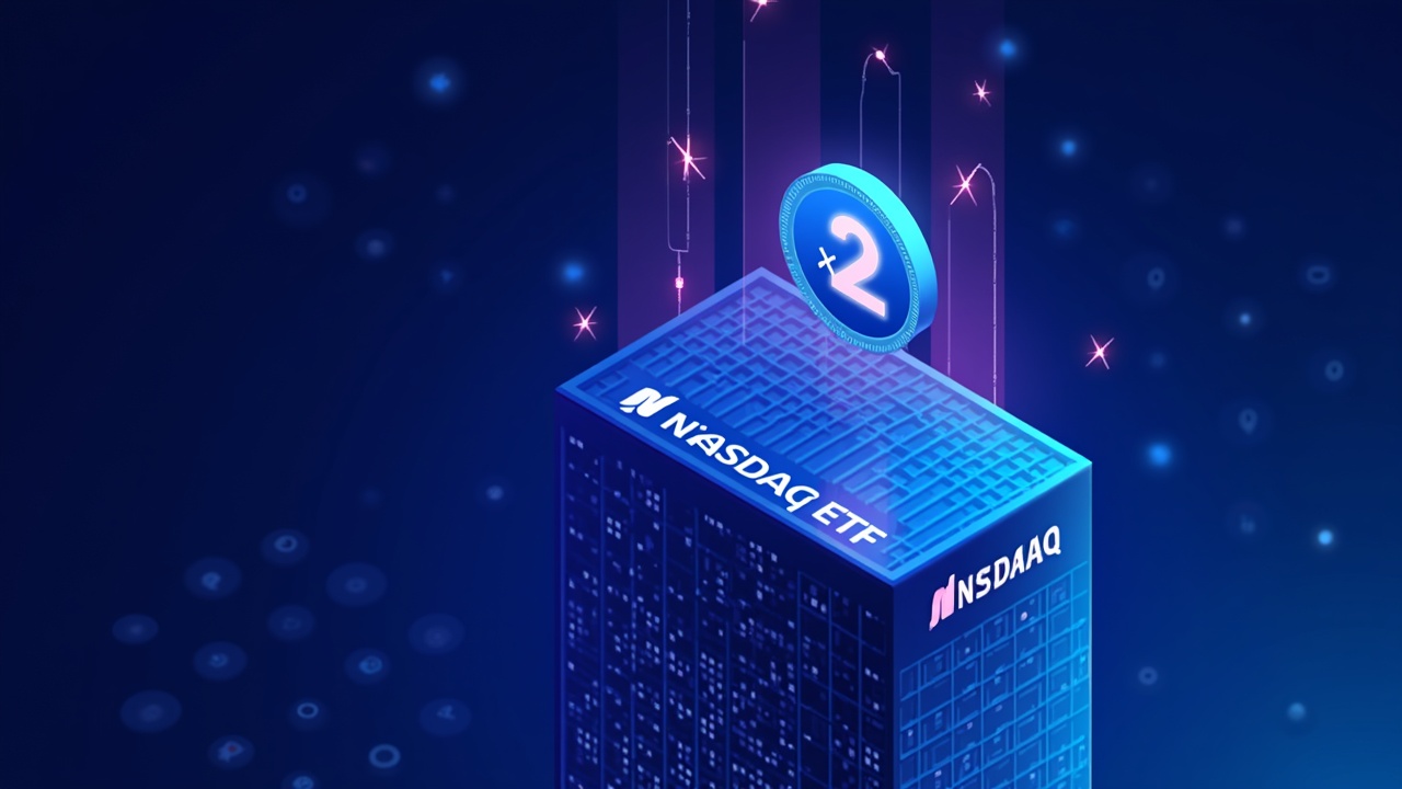 Neon-lit 2x levered SUI ETF token above a Nasdaq-style glass tower with cyan and purple network lines.