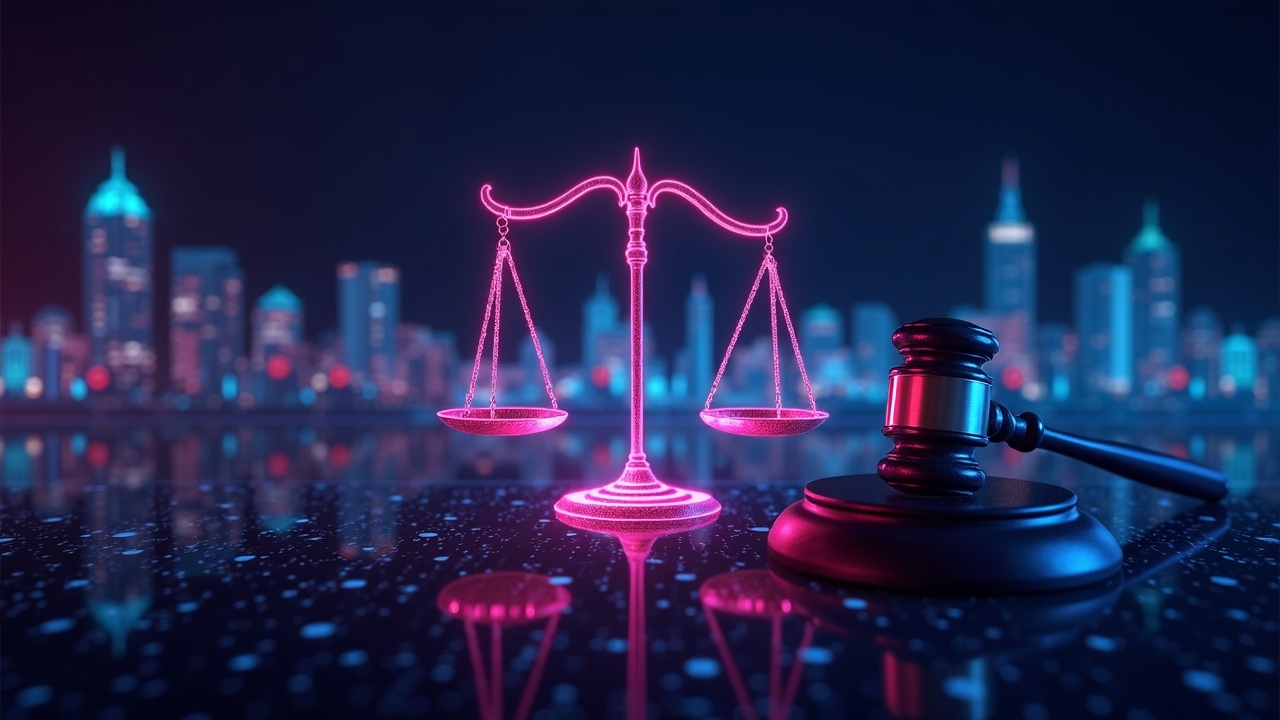 Neon cityscape of London financial district with a glowing blockchain mesh, gavel and scales symbolizing crypto regulation.