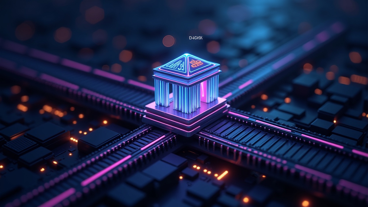 Futuristic bank hub routing a dollar-stable token through a Solana-like network with a seven-day settlement glow.