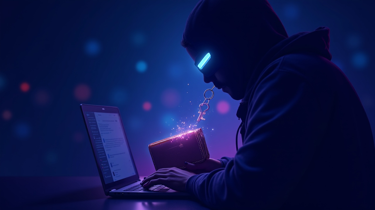Cracked private key draining into a glowing wallet, hacker silhouette, neon blue-purple lighting, soft digital background.