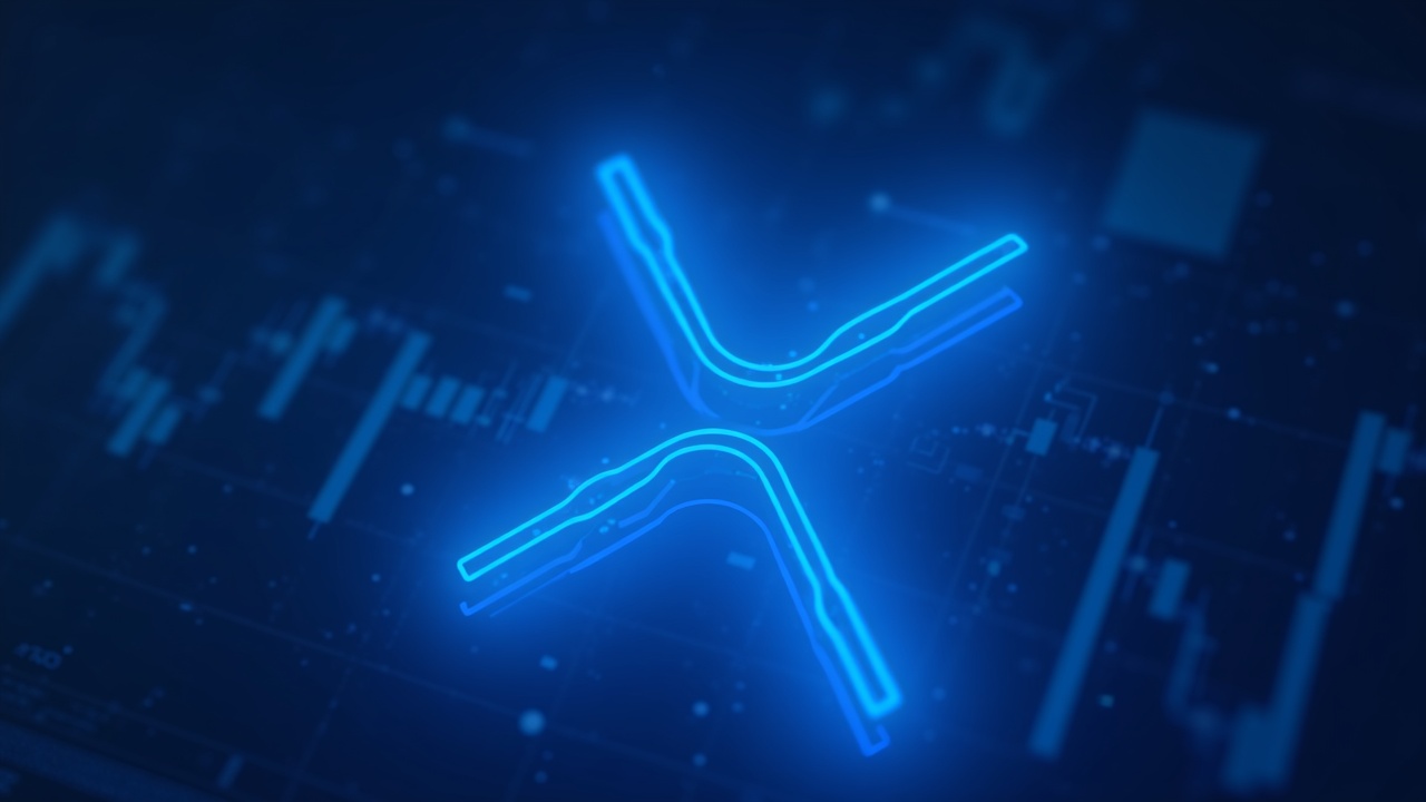 Neon XRP logo with a dynamic price chart, blue glow, 3D depth in a sleek crypto newsroom scene, signaling regulatory shifts