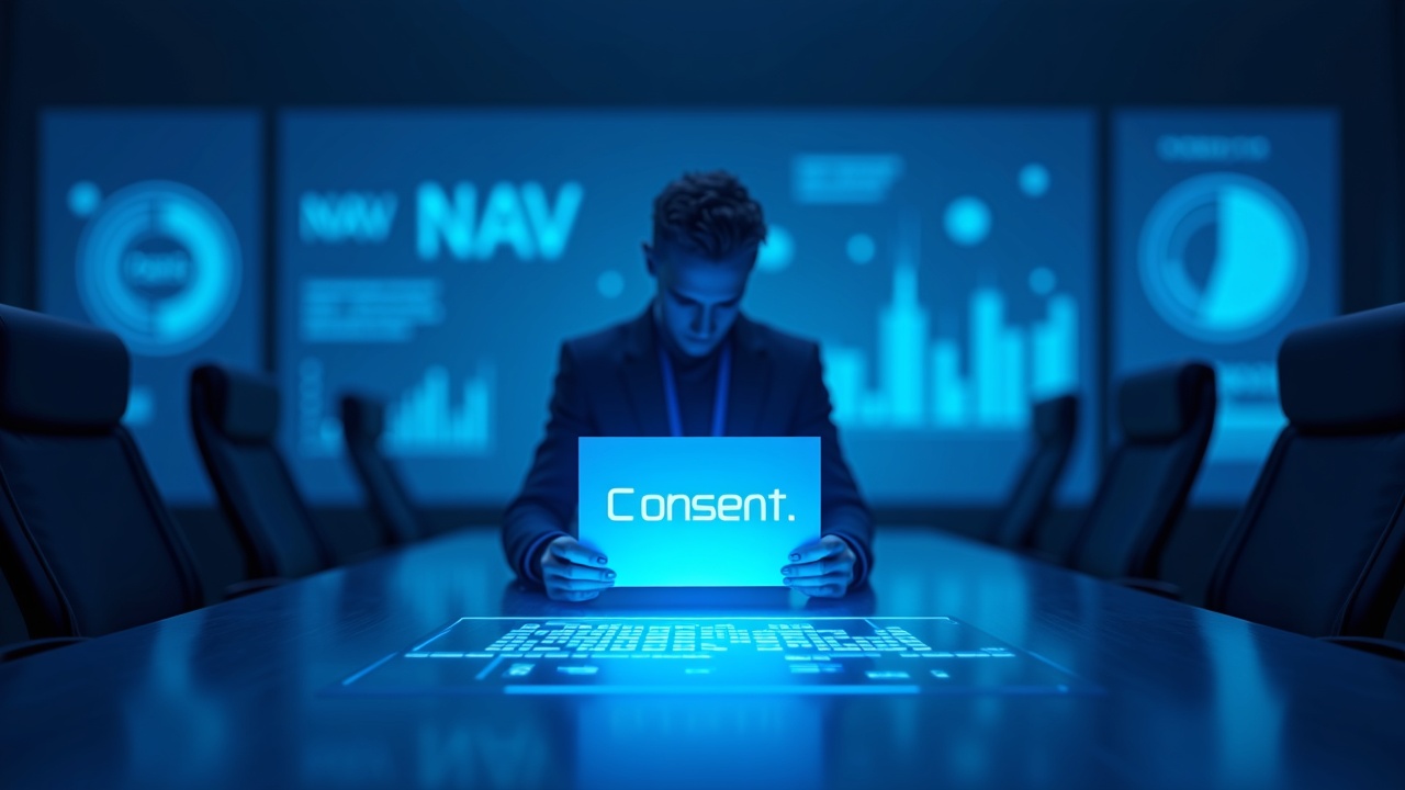 Crypto boardroom scene with a central figure holding a consent card, neon blue glow and holographic NAV charts.