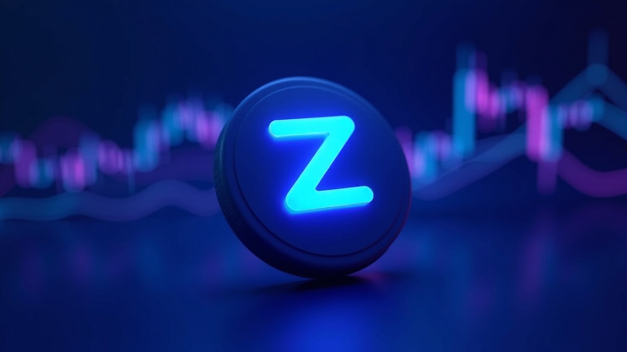 Zcash token beside a neon price chart displaying a bearish breakdown, illuminated in blue, cyan, and violet with subtle 3D depth.