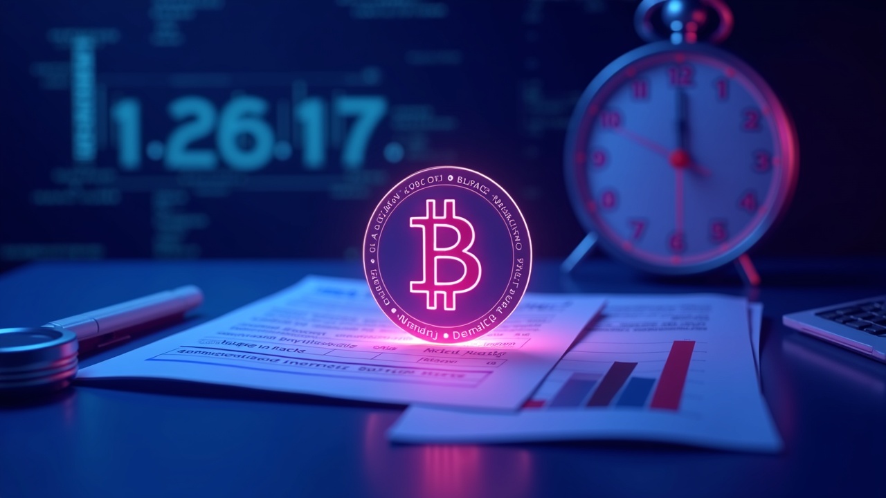 Bitcoin token emerging from a corporate balance sheet with neon blue glow; Nasdaq delisting countdown in the background.