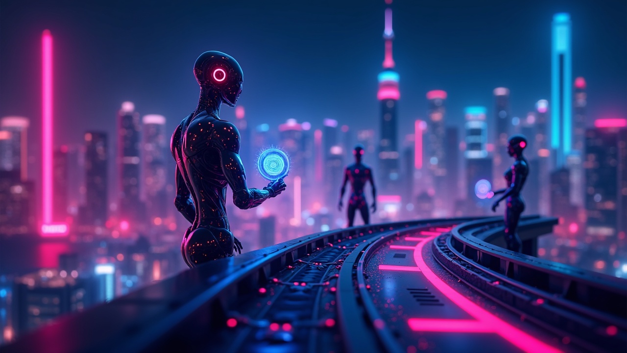 Hyperreal neon scene of autonomous AI agents transacting with stablecoins on a blockchain rail with a Davos skyline backdrop.