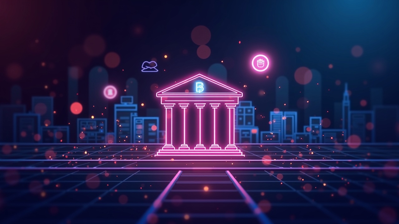 Neon-lit illustration of Barclays' stake in a regulated stablecoin network with cross-chain rails and a compliance shield.