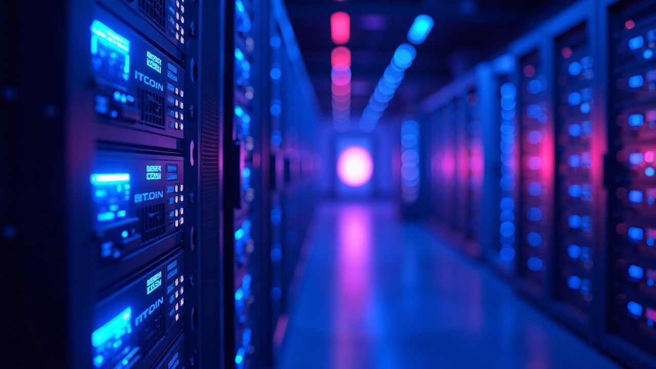 Neon-lit data center repurposed from bitcoin mining to AI compute, featuring Rubin GPU racks.