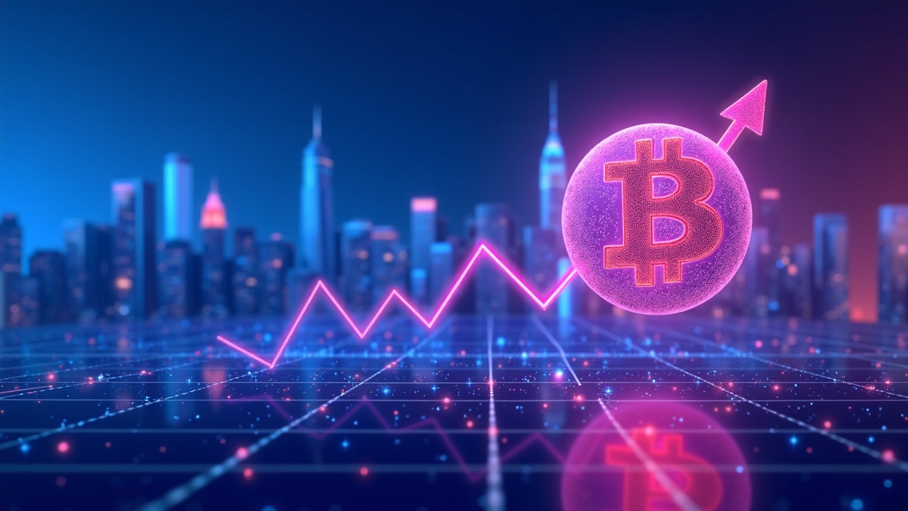 Neon Bitcoin orb connected to a plunging stock chart with a looming regulatory barrier over a blue-pink digital city.