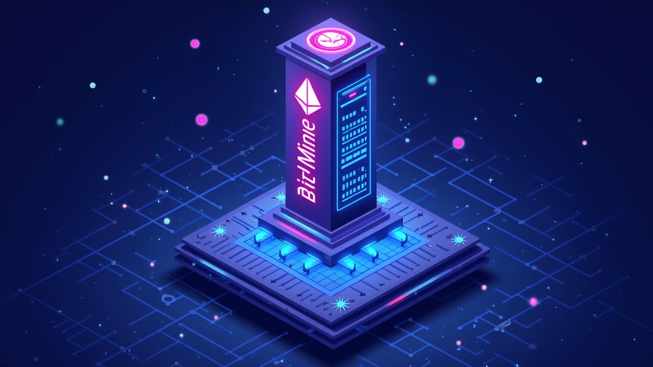 Hyperrealistic crypto scene: glowing Ethereum stake tower with BitMine branding, neon lights, validator racks, and a beacon grid.