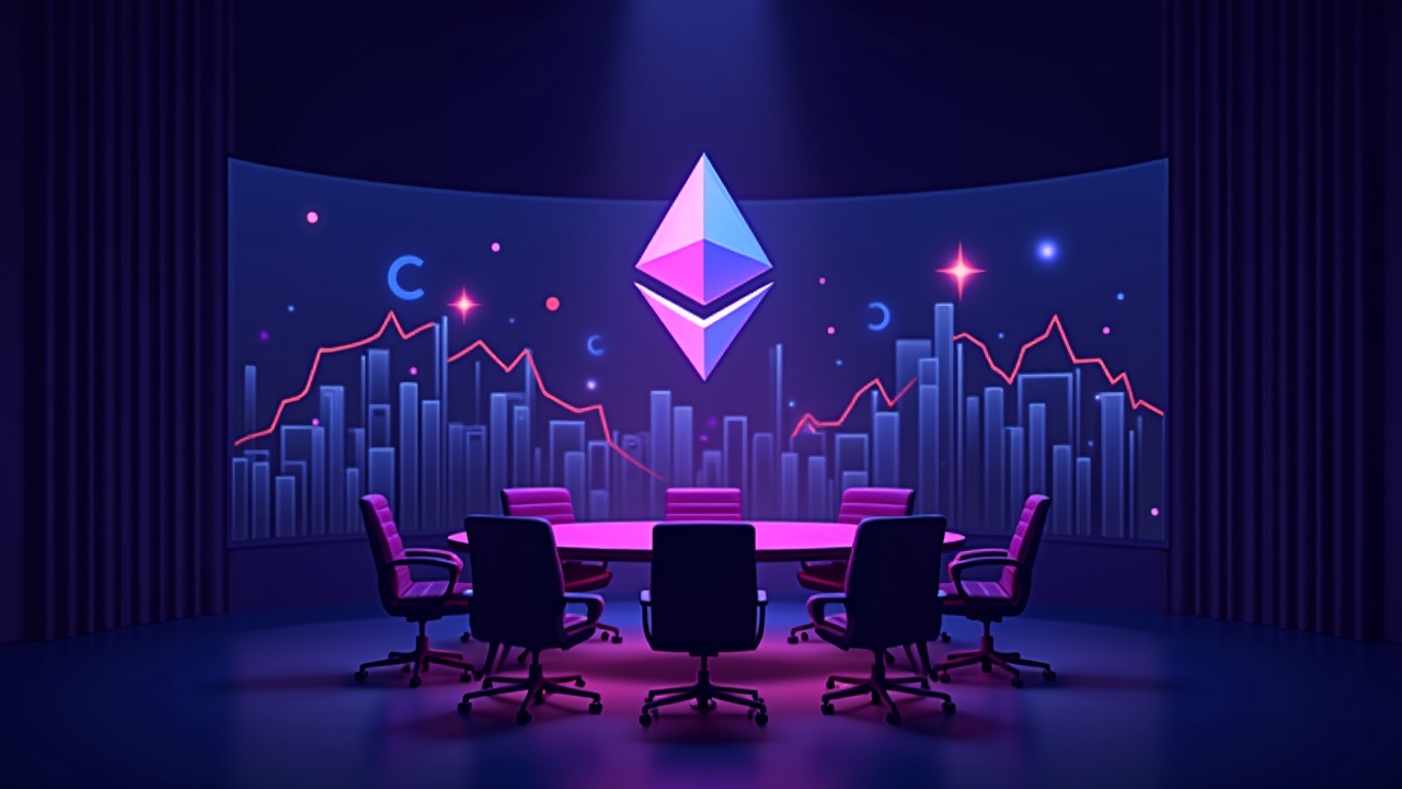 Neon crypto boardroom showing Ethereum treasury icon and rising share charts.