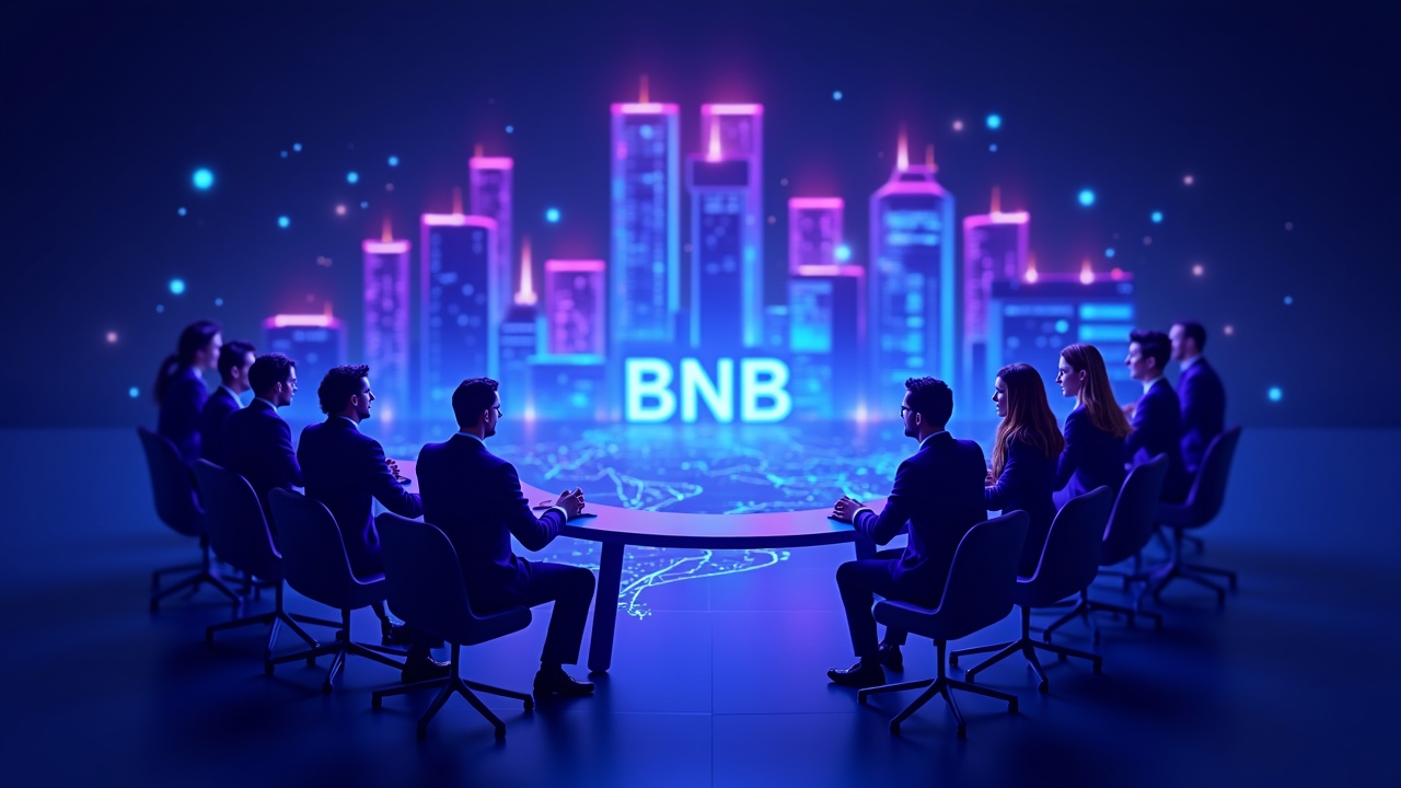Neon 3D illustration of a BNB treasury clash with a corporate board, CZ-backed activists, blue glow emphasizing governance.