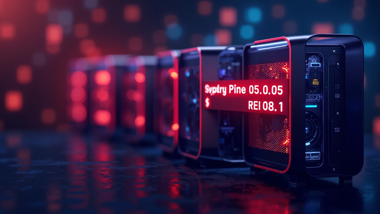 Neon-lit crypto mining rigs beside a red warning and a $1 price drop, signaling Nasdaq delisting risk.