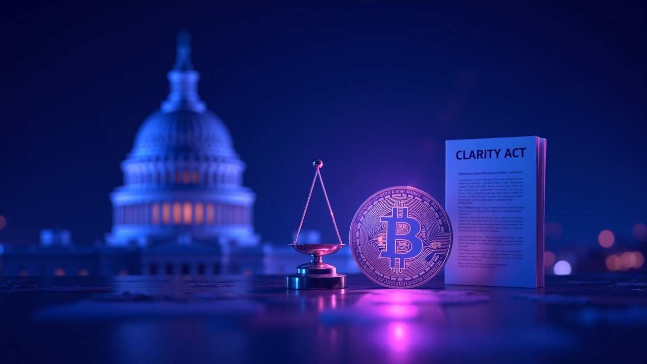 Neon Capitol silhouette with a holographic Bitcoin, the CLARITY Act document, and ethics scales in blue glow.