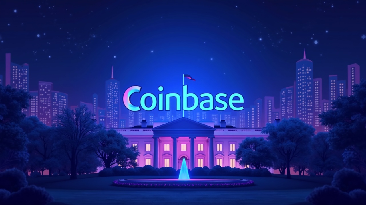 Coinbase logo with neon glow over a policy skyline, yield charts and stablecoin tokens.