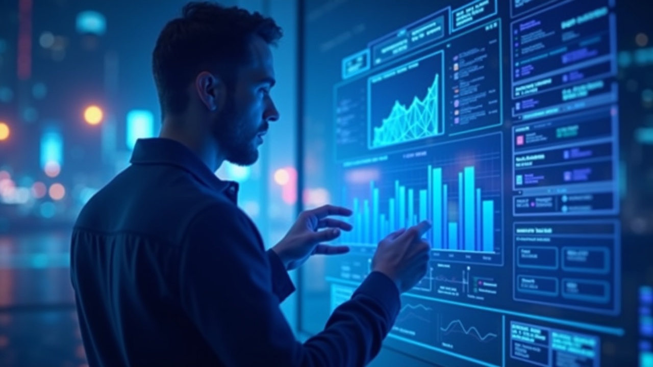 Investigator analyzes on-chain analytics on a holographic dashboard with neon blue and purple lighting.