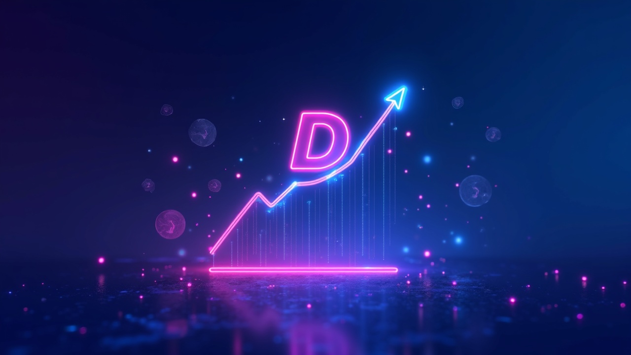Neon Dash glyph surges over a glowing price chart with fading privacy-coin icons against a blue-cyan-pink digital backdrop.