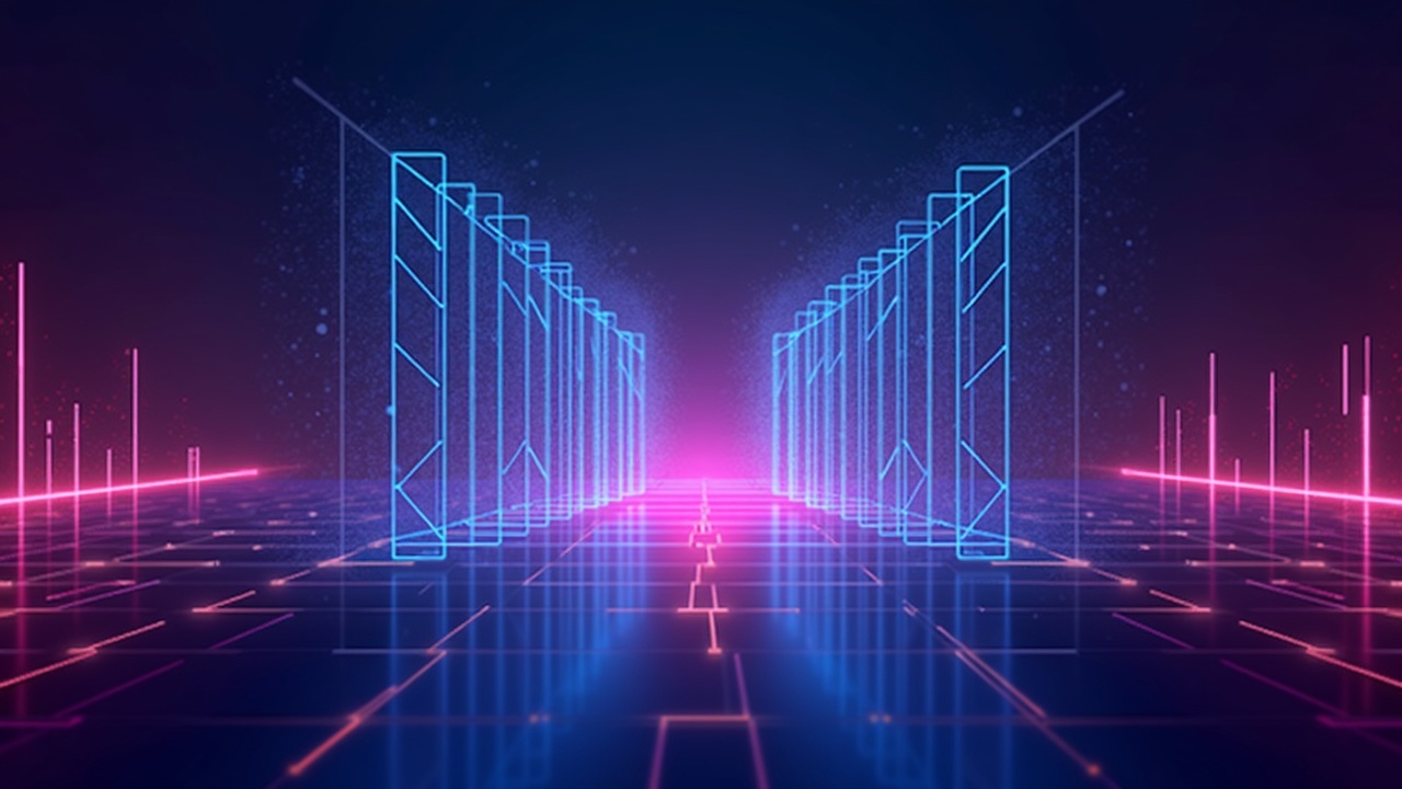 Neon-hued, holographic DeFi protocol against a glowing regulatory barrier, symbolizing ethics and KYC debates.