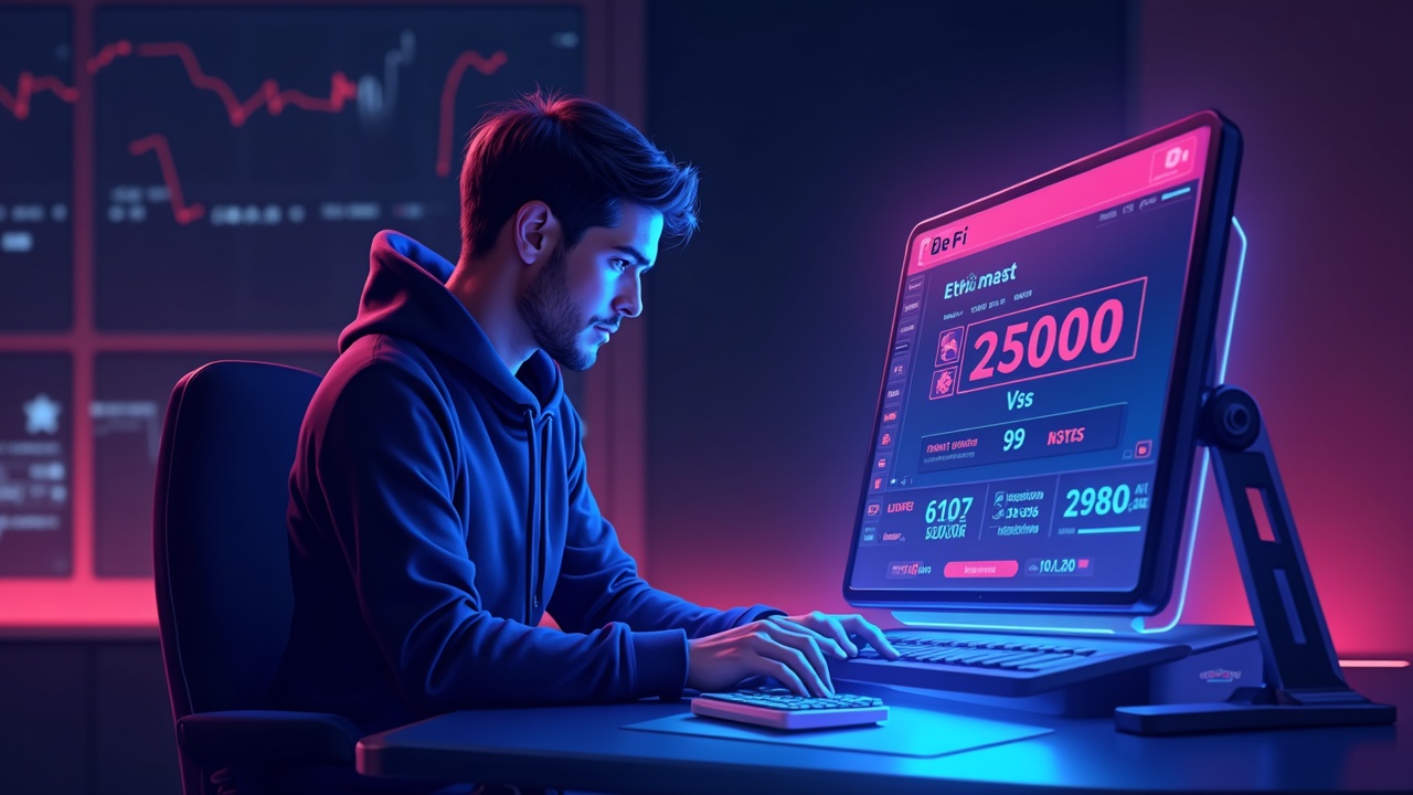 Neon DeFi founder at a futuristic desk with ETH symbol, bold 25000-2980 bet slip and 10:1 odds, glowing HUD.