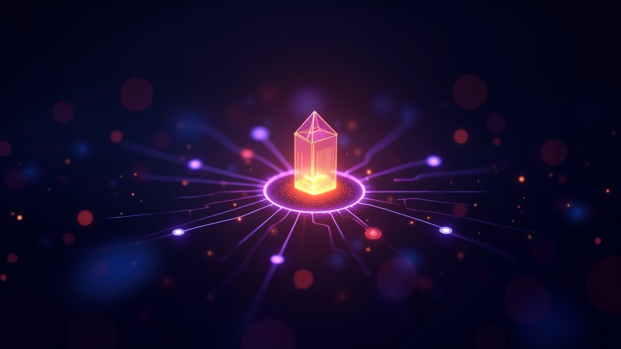 Neon-lit illustration showing DeFi networks on one side and regulatory motifs on the other around a glowing blockchain hub.