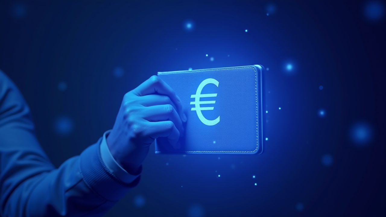 Digital euro wallet glowing in blue/purple, illustrating offline and online modes and cash-like privacy vs oversight.