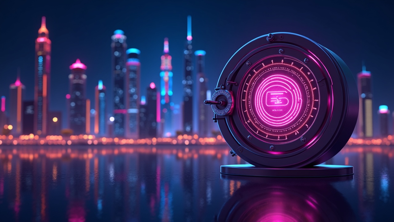 Neon-lit Dubai DIFC skyline with a futuristic vault, a ban-on-privacy-tokens overlay, and a stablecoin pillar.