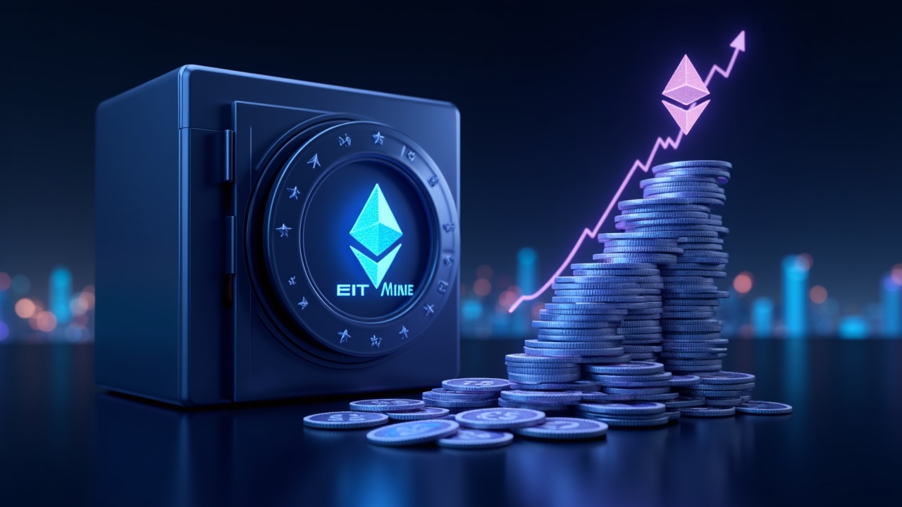 Neon Ethereum vault with stacked ETH, BitMine emblem, and a rising price arc toward 250k in a futuristic cityscape.
