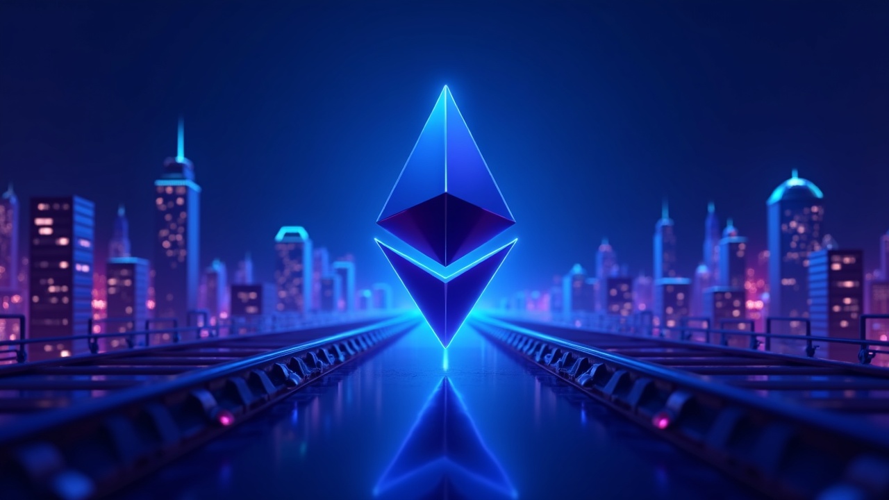 3D illustration of Ethereum as the rails underpinning institutional tokenization, with a neon Wall Street skyline.
