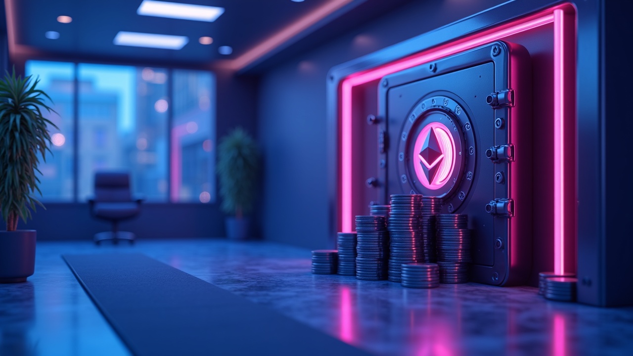 Neon-lit 3D scene of an Ethereum treasury vault with stacked ETH and a futuristic boardroom.