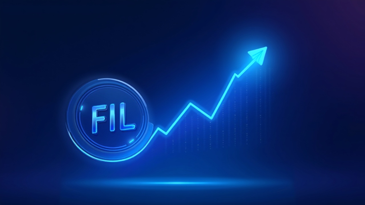 Neon Filecoin storage network powering AI data, with a rising price line and a bold FIL logo in blue glow.