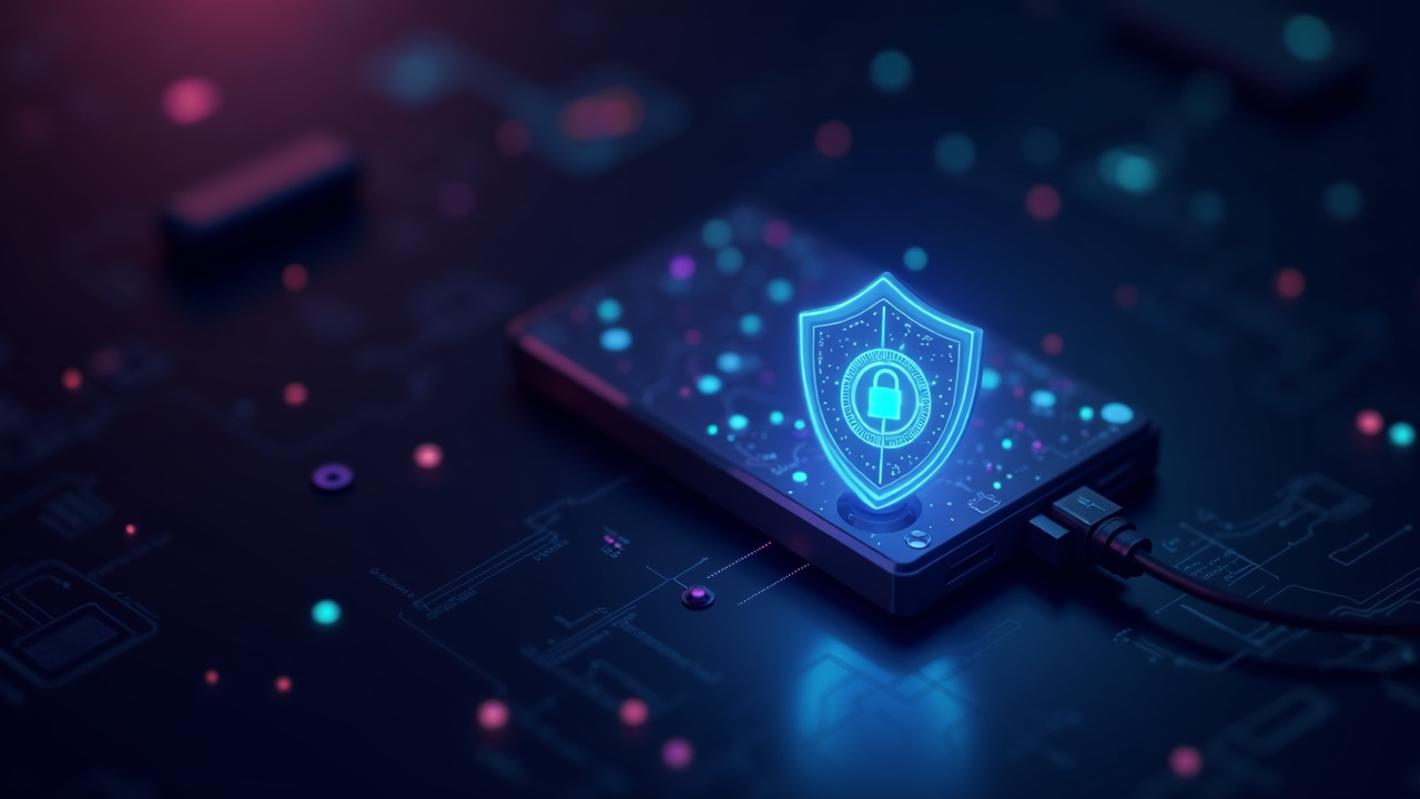 Neon-lit illustration of a glowing crypto USB on a desk, with a decentralized custody shield and shadowy threats.