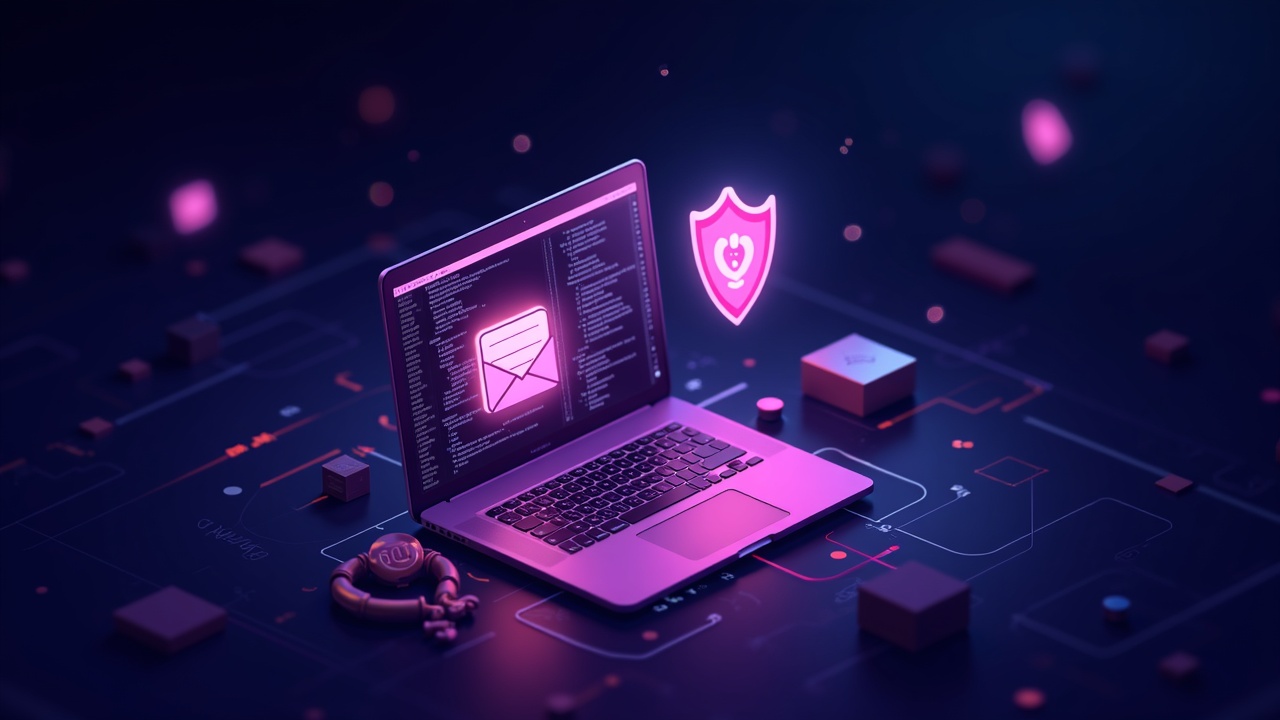 Neon cyber-scene with glowing emails and crypto tax data leaking from a secure platform, shattered shield.