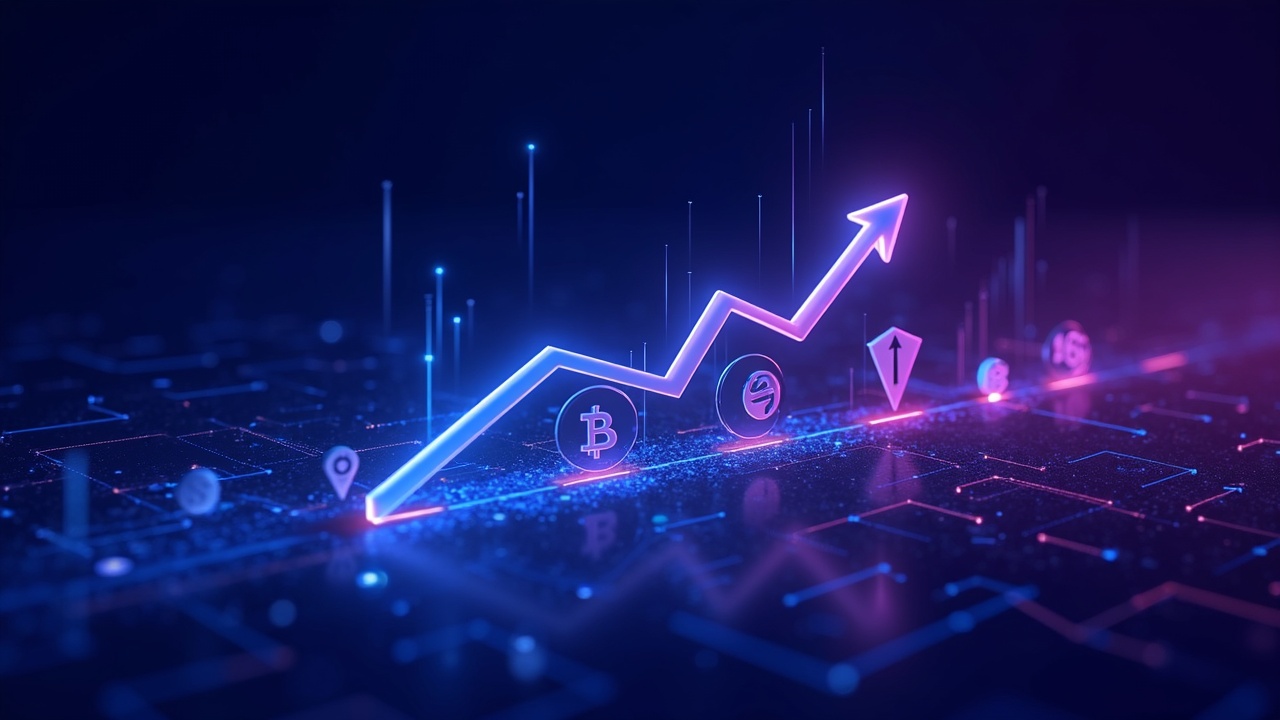 Neon illustration of a market-neutral hedge fund with BTC and SOL tokens, fintech stocks, and rising/falling arrows.