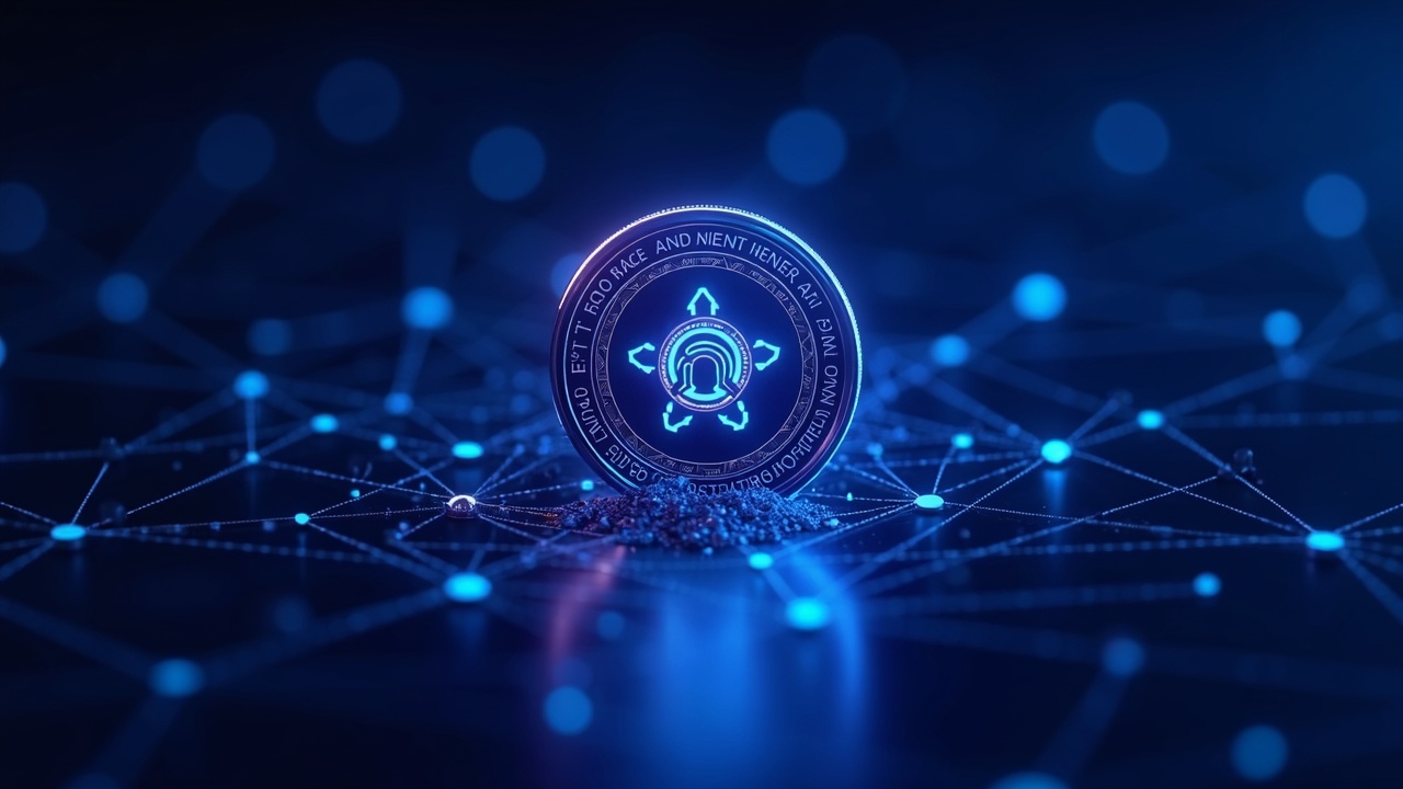 Neon TAO token at center inside a GTAO ETF shell, with glowing decentralized AI nodes in blue-cyan-purple light.