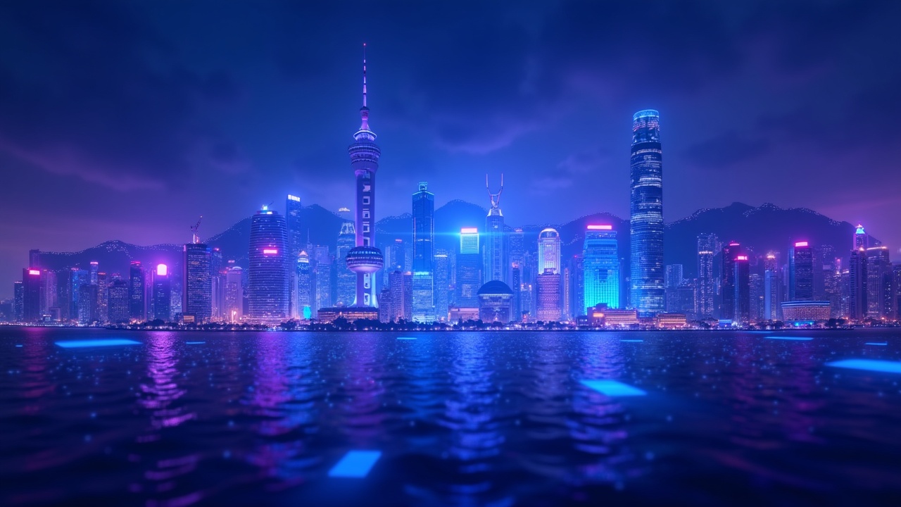 Neon crypto scene with a holographic CARF rules interface over Hong Kong skyline in blue-cyan-purple lighting.