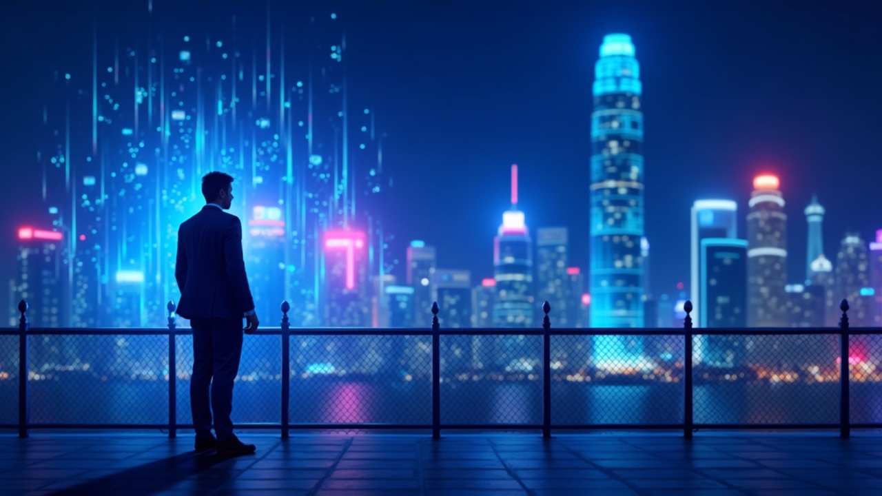 Neon-lit Hong Kong skyline at night as an institutional investor faces a glowing Licensing Rules barrier with CARF and de minimis panels.