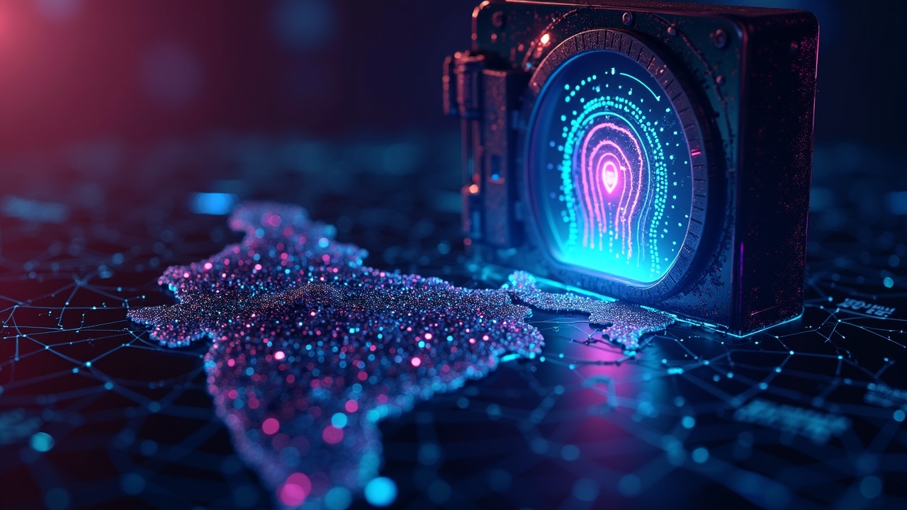 Neon-lit crypto scene with biometric onboarding screen, glowing digital vault, and a subtle map of India to symbolize tightened AML/CFT regulation.