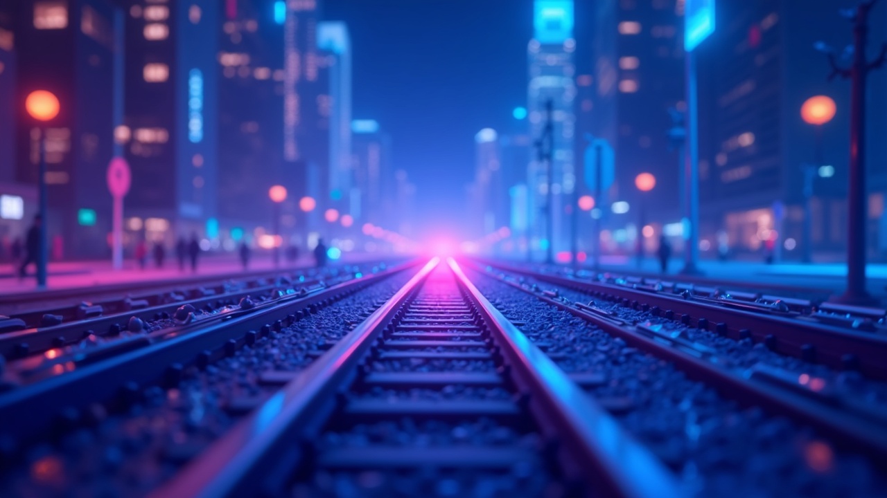 Illustration of institutional blockchain adoption showing tokenized assets flowing along neon rails in a financial district.