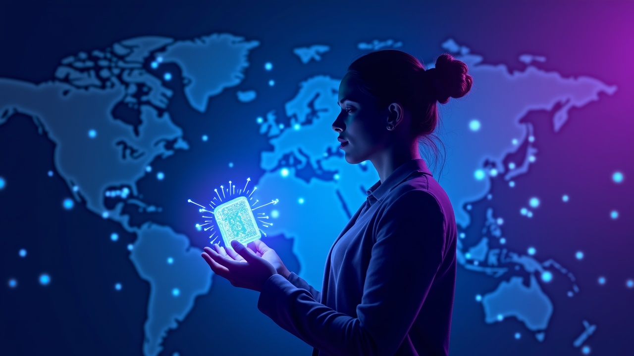 Neon illustration of a person with a holographic wallet, with an Iran silhouette and interconnected blockchain nodes.
