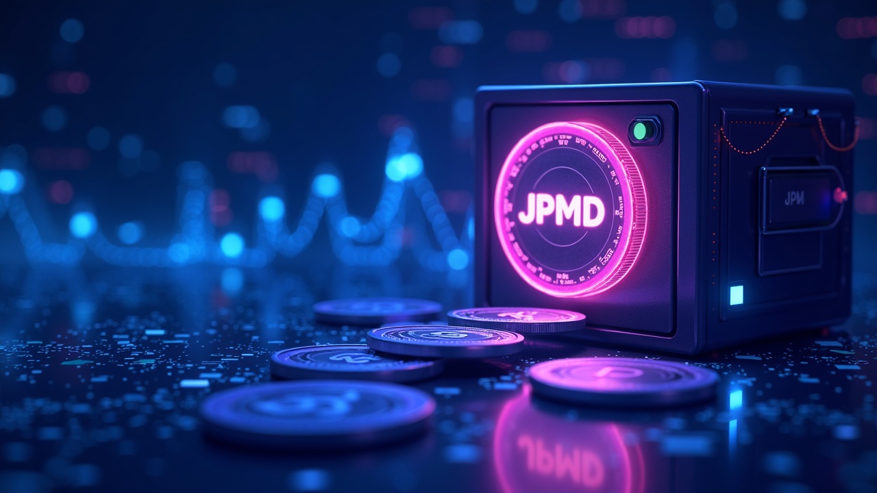 Neon illustration of JPMorgan vs local banks over deposit tokens and stablecoins, featuring a glowing JPMD token and vaults.