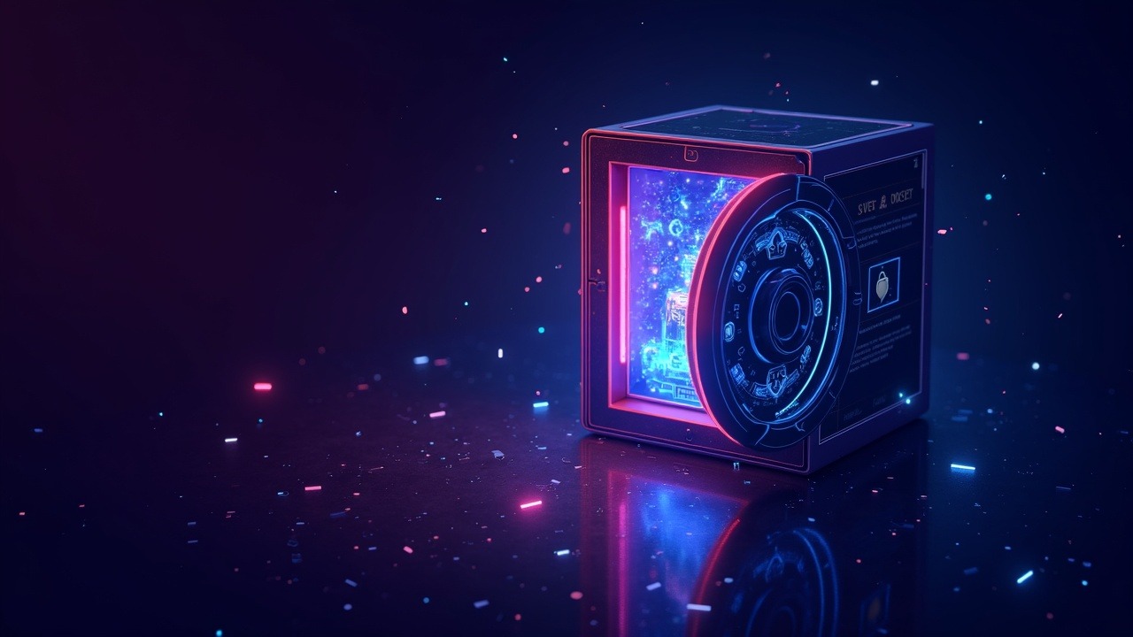 Neon-lit digital vault opens to reveal glowing crypto assets with a futuristic bank interface.