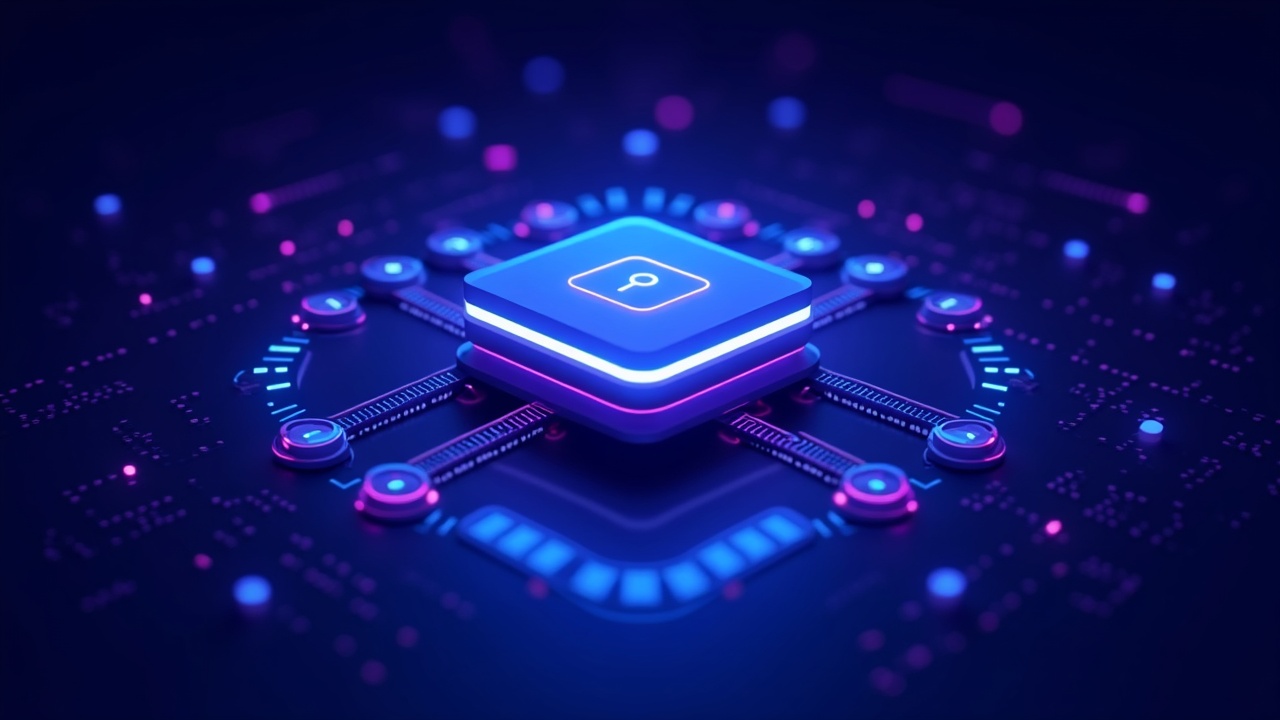 Neon illustration of a Ledger hardware wallet with data streams forming a protective shield, signaling institutional crypto custody.