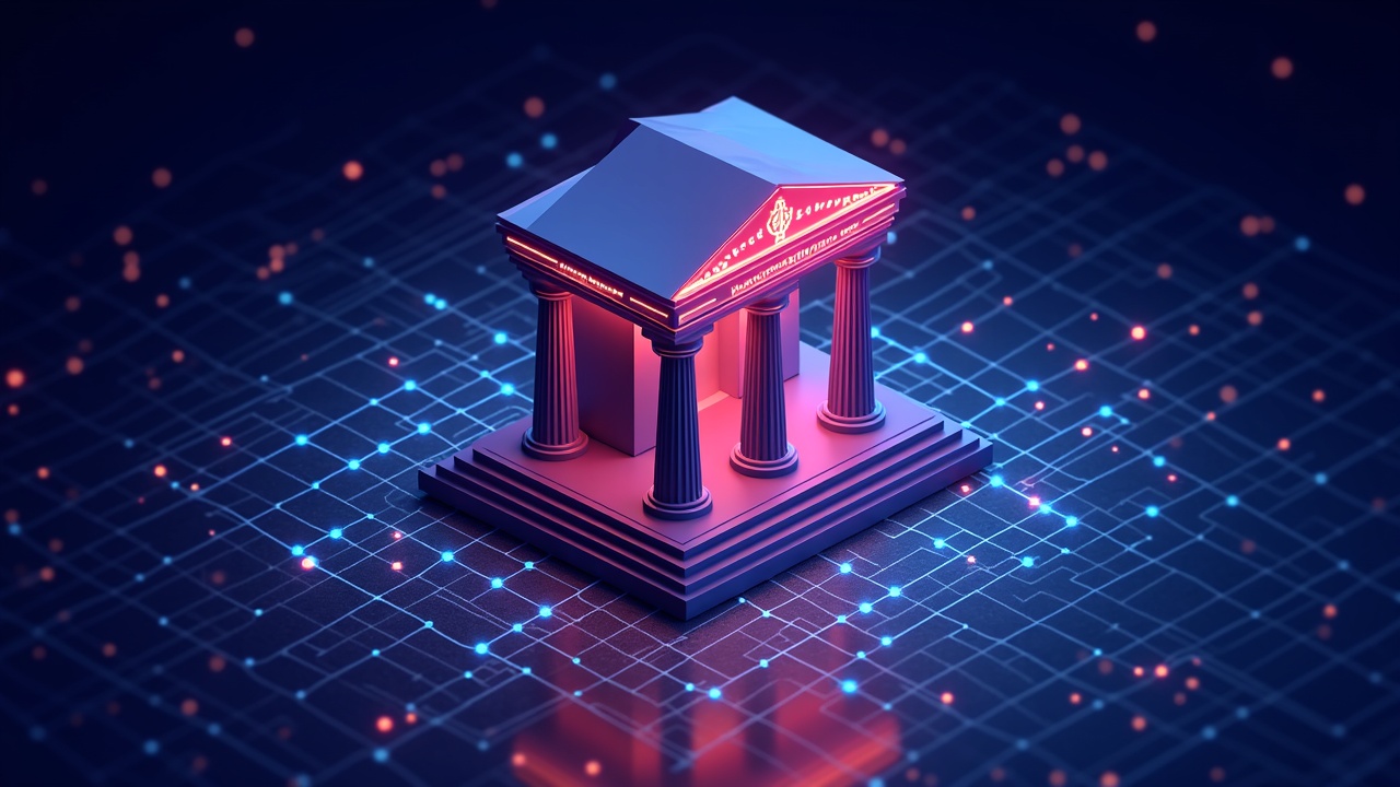 Neon bank building merging with a glowing blockchain grid, symbolizing 24/7, regulated on-chain settlement.