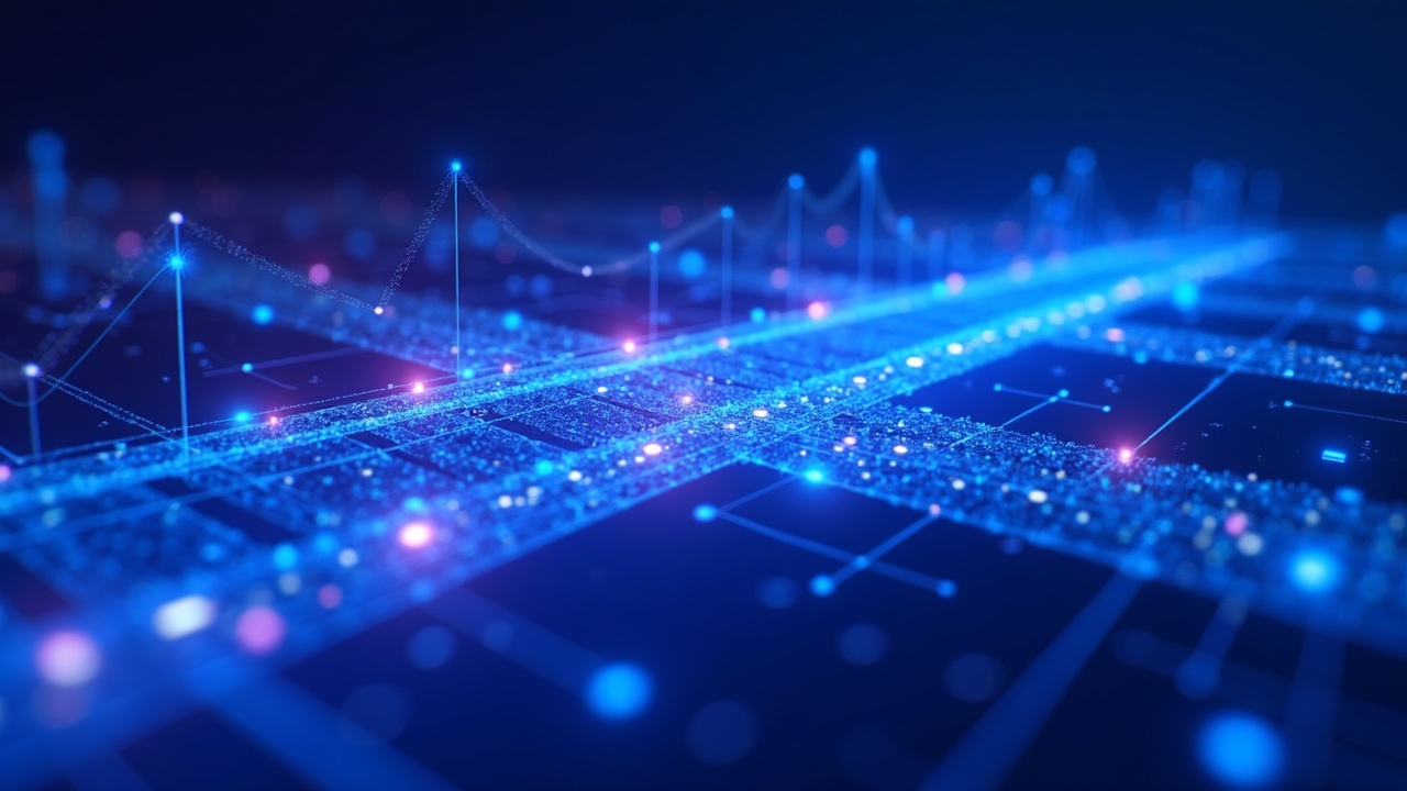 Neon illustration of mBridge cross-border digital payments rail linking central banks with cyan-purple glow