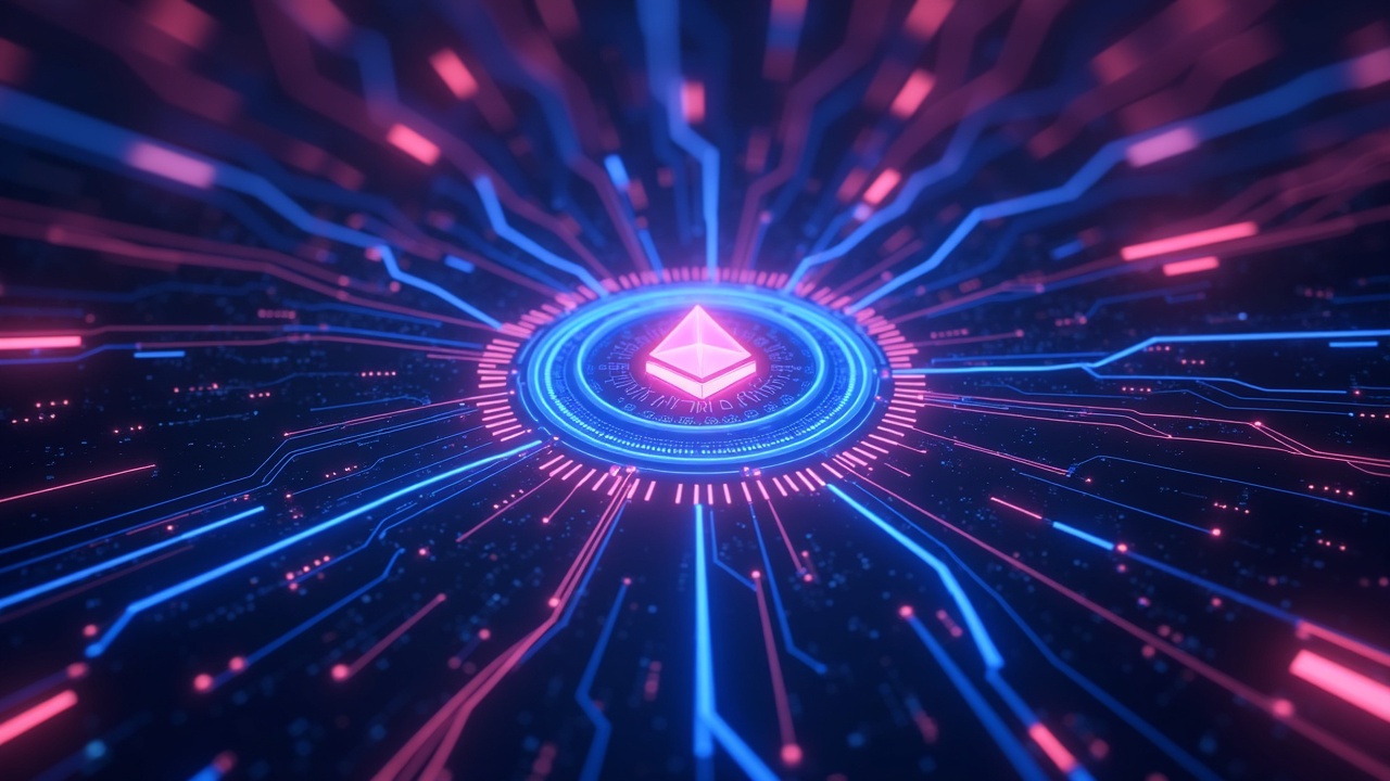 Neon-lit MegaETH L2 throughput scene with a glowing ETH core and fast data traffic in a futuristic control room