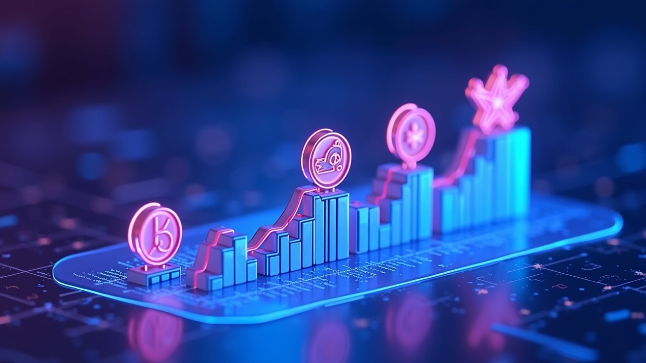 Neon-lit crypto rally chart showing PEPE, DOGE, SHIB rising with a blue glow and a decentralized newsroom vibe.