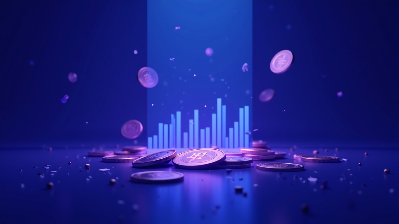 Crypto illustration: falling memecoins and DeFi tokens around a chart under neon blue-purple light, signaling risk-off.