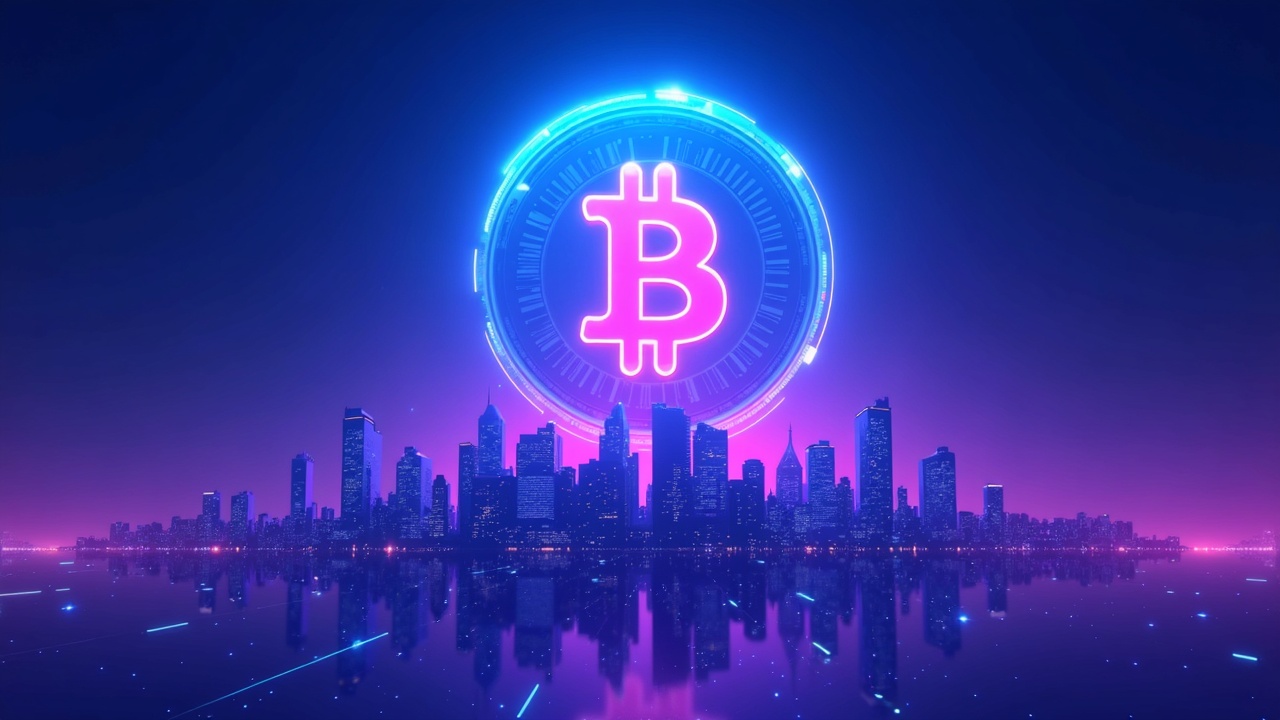 Neon 3D Bitcoin orb rising above a corporate skyline, blue-cyan-pink glow signaling midweek accumulation